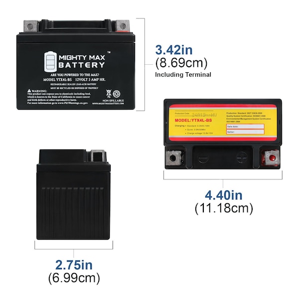 YTX4L-BS 12V 3Ah Replacement Battery Compatible With E-Ton Rascal 40, VIper Jr, 40E ATV - 10PK